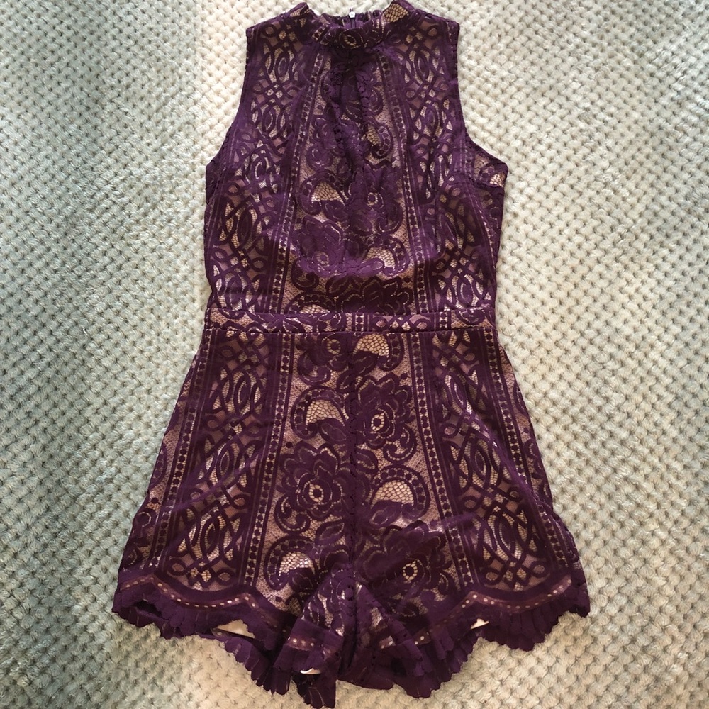 Burgundy High-neck Lace romper by Love, Fire